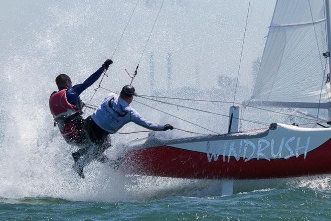 Slippery when wet… You bet! Gareth Brown and Paul Raymond from WA - Pinkster Gin 2017 F18 Australian Championship ©  Alex McKinnon Photography http://www.alexmckinnonphotography.com